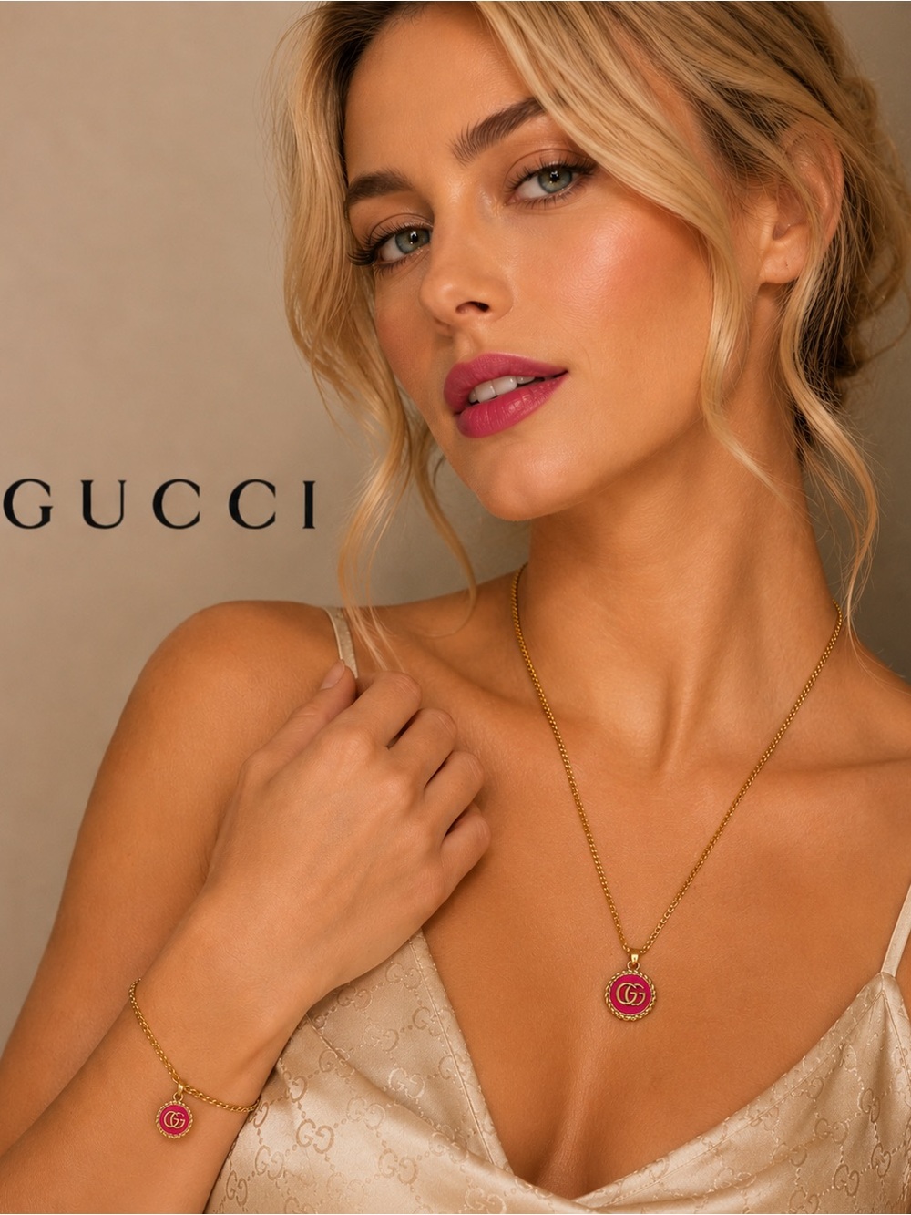 Gucci Gold-Tone Necklace and Bracelet with Pink Enamel Double G Pendant